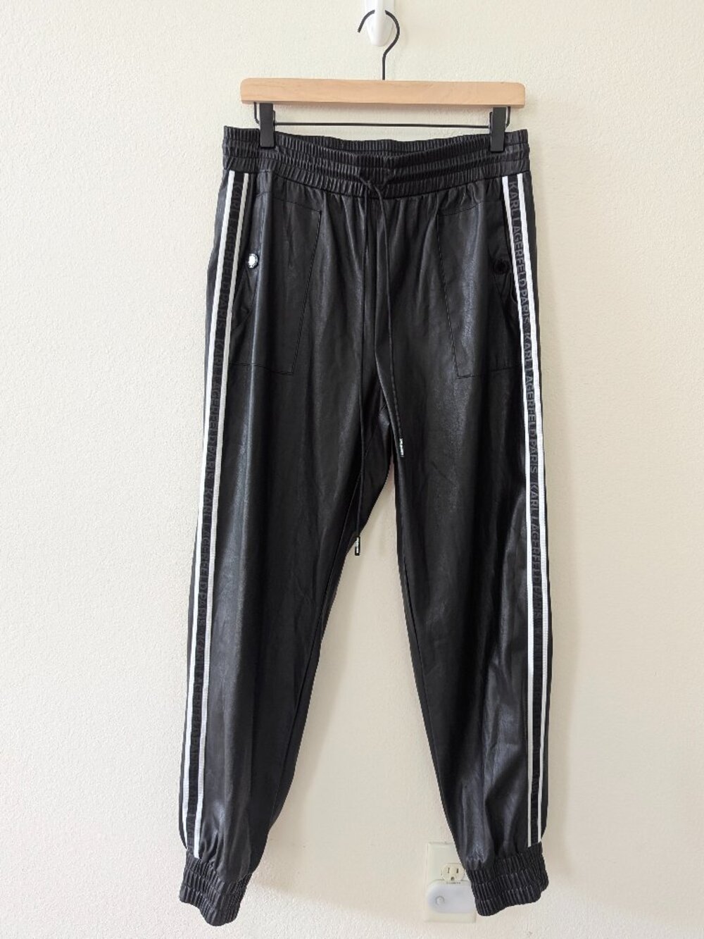 Karl Lagerfeld Faux Leather Logo Tape Joggers M